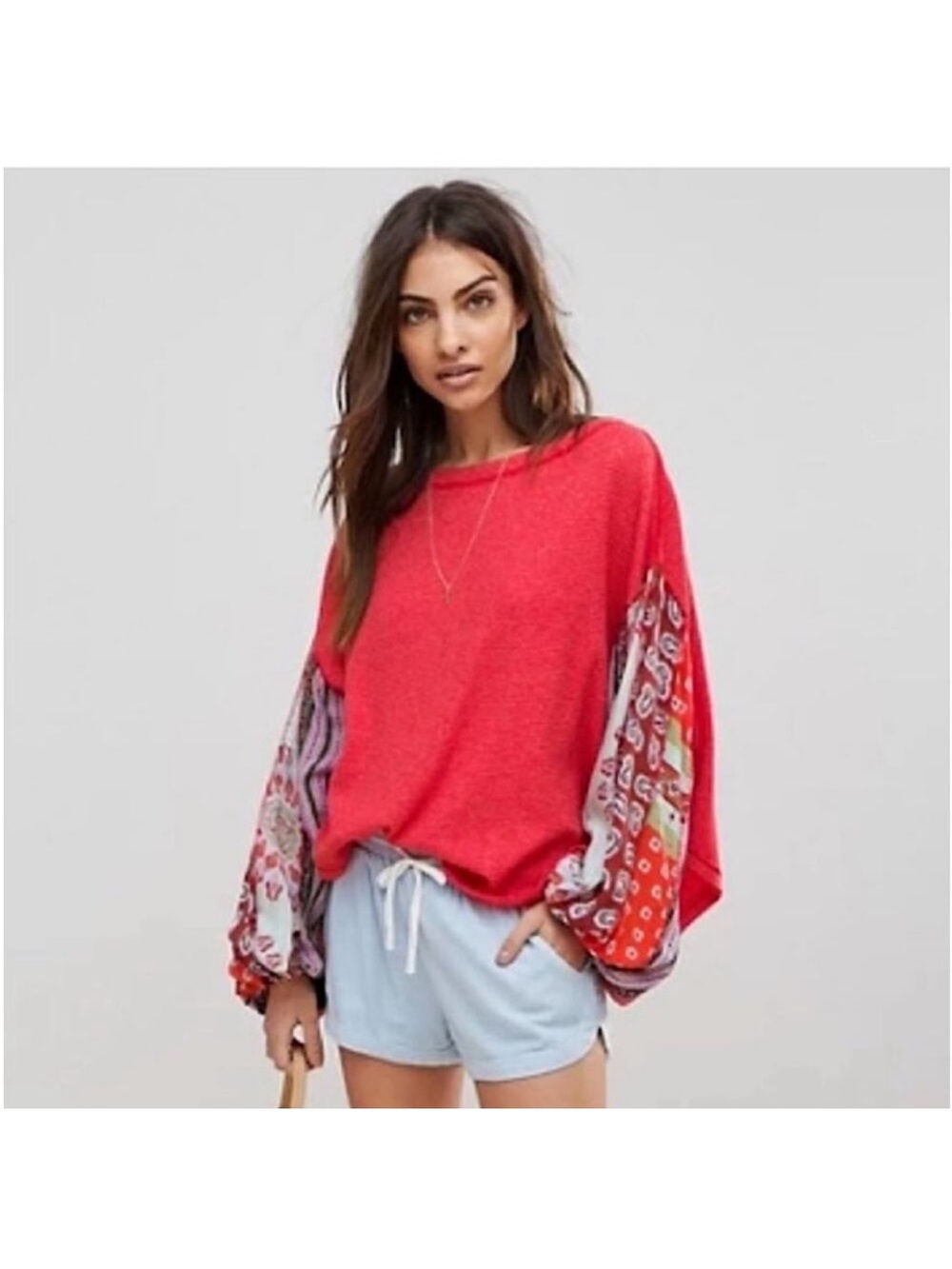 Free People We The Free Thermal Bohemian Patchwork Balloon Sleeve  Size M